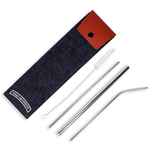 Stainless Steel Reusable Metal Straw Set in Felt Pouch — View 1