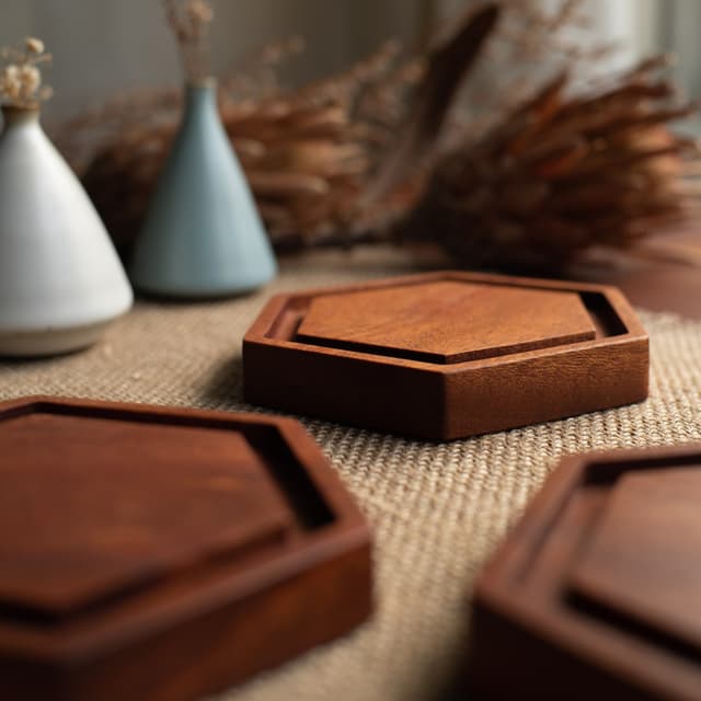 Roger and Sons Hexagonal Honeycomb Reclaimed Wood Coaster Set — View 4