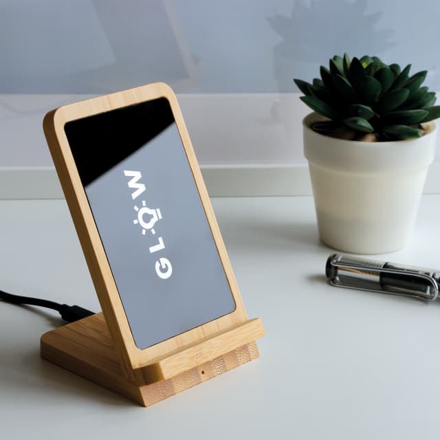 Bamboo 15W Wireless Charger Stand with Illuminated Logo Engraving — View 2