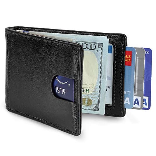RFID Blocking Slim Leather Bifold Wallet with Pull-Strap Access — View 1