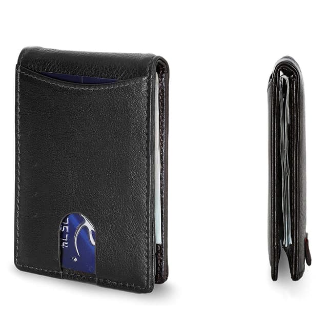 RFID Blocking Slim Leather Bifold Wallet with Pull-Strap Access — View 3